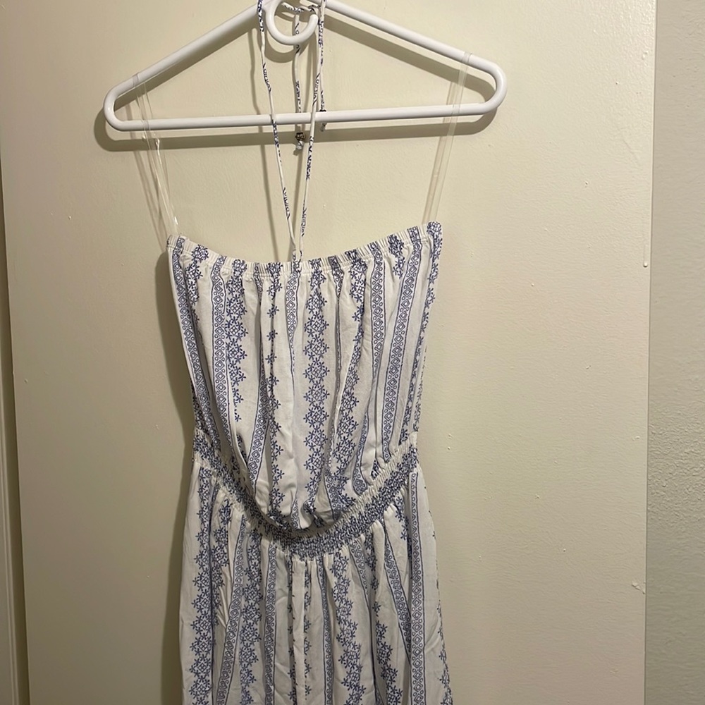 Strapless/Tie Neck Jumpsuit, White with Blue Pattern, Size M, From Boutique